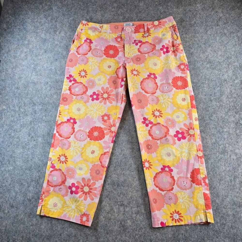 Izod Stretch Capri Pants Size 14 Colorful Floral Flowers Pink Yellow Vacation